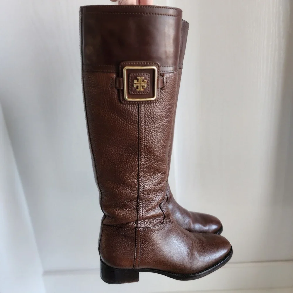 Tory Burch Julian Riding Boot Brown Leather Knee High Gold Logo Buckle Women 6.5